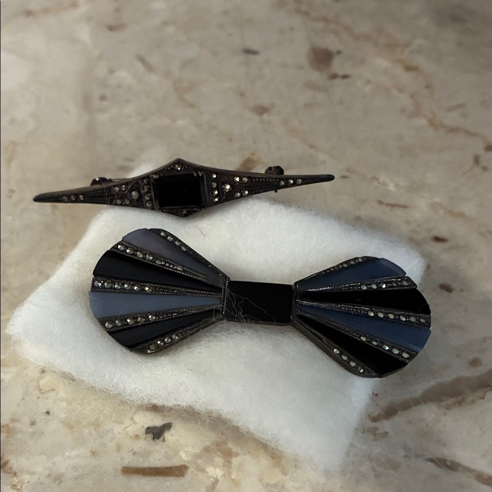 Elegant Marquisite  Blue, Black Onyx  and Silver tone  pins
